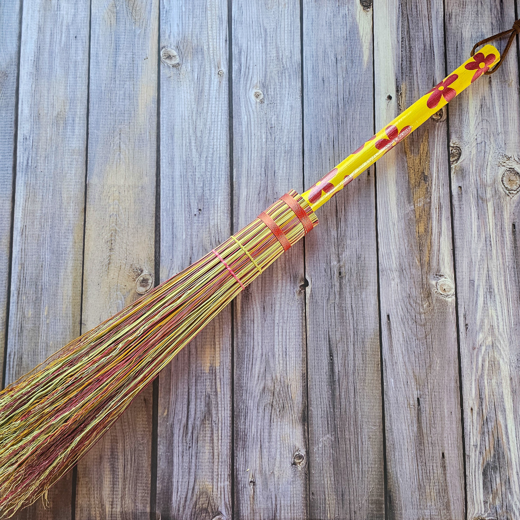 26" Hand Painted Besom Broom Yellow and Pink